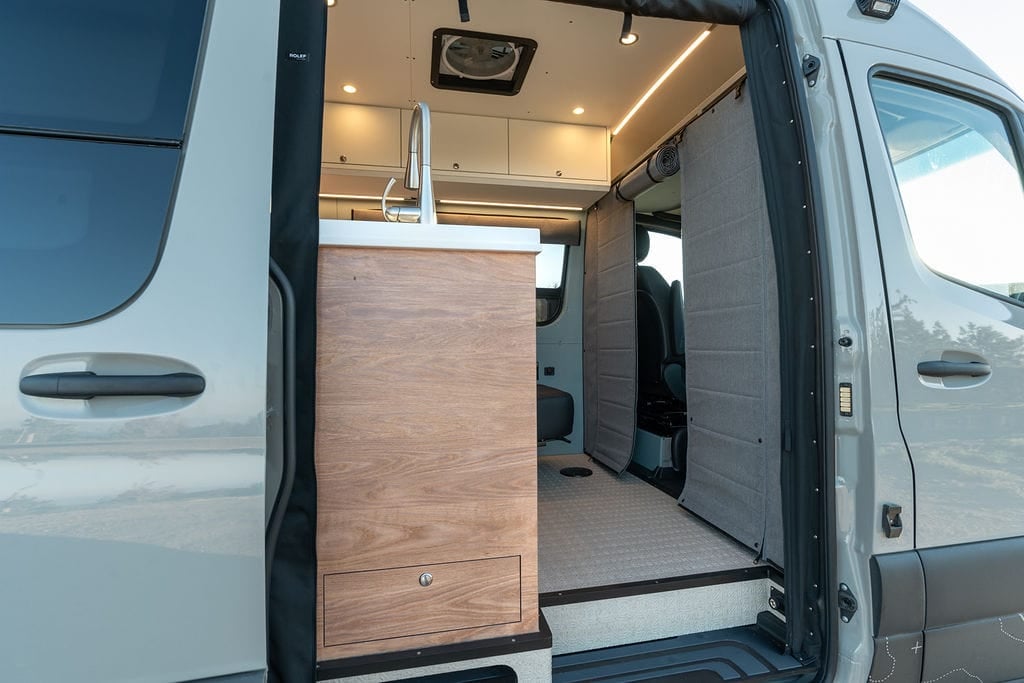 Outside Van soft wall that separates the cab from the living area in a Sprinter camper van