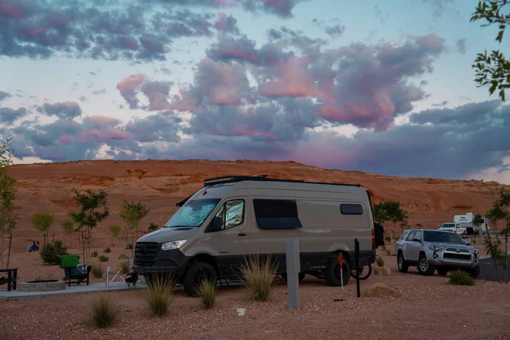 Sprinter Van at sunset at campsite at Roam Horseshoe Bend RV Resort