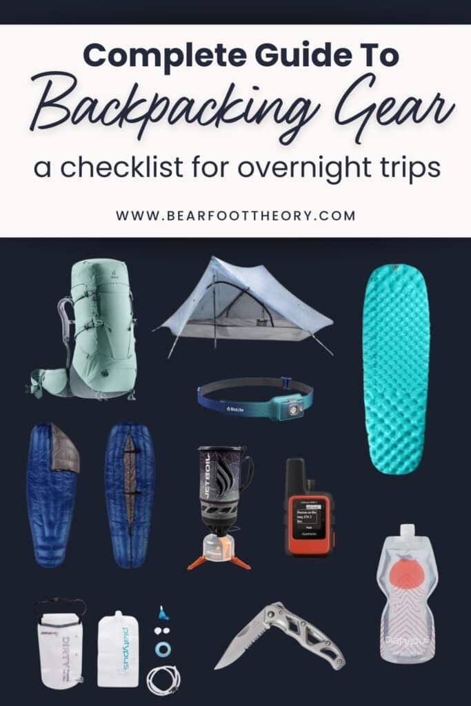 Pinterest image of backpacking gear. Text says “Complete guide to Backpacking Gear: A checklist for overnight trips"