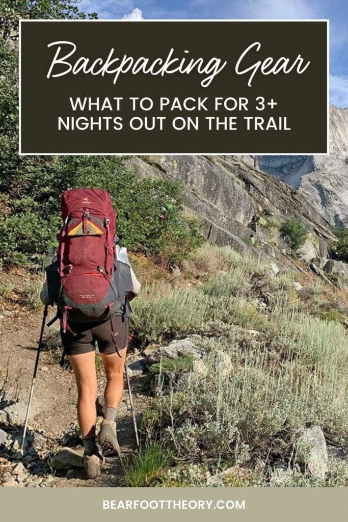 Pinterest image of backpacker on trail. Text says “Backpacking Gear: What to pack for 3+ nights out on the trail"