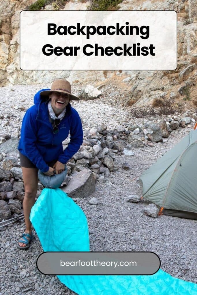 Pinterest image of woman blowing up camping sleeping pad. Text says “backpacking gear checklist"