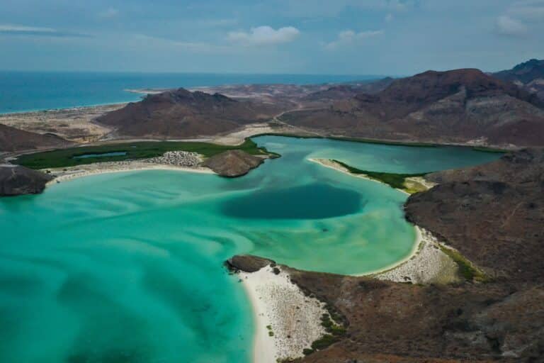 an aerial shot of Balanda Beach in La Paz, Baja MX