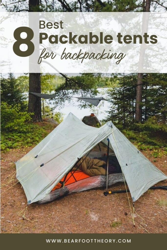 Pinterest image of tent set up at campsite. Text says “8 best packable tents for backpacking"