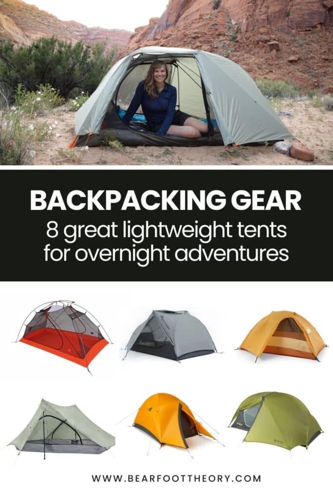 Pinterest image of backpacking tents with photo of woman sitting inside tent. Text says “Backpacking Gear: 8 gear lightweight tents for overnight adventures"