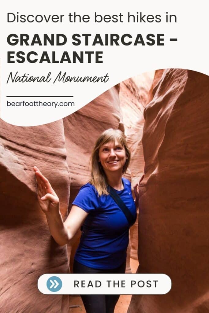A woman in a red slot canyon with the text "Discover the best hikes in Grand Staircase Escalante national monument - bearfoottheory.com"