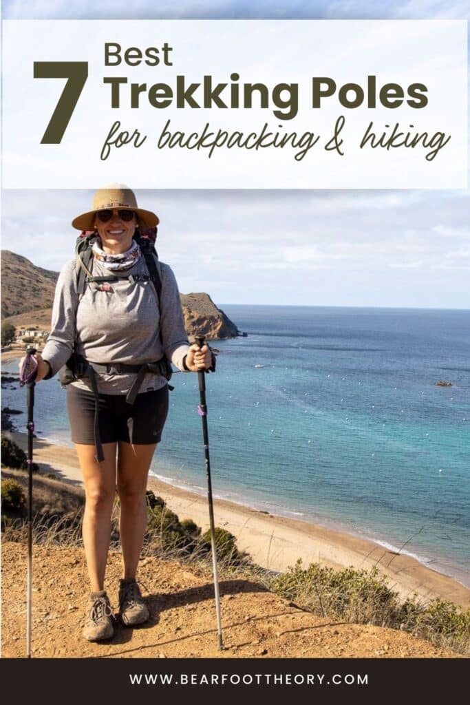 Pinterest image of woman hiking with trekking poles on trail next to the ocean. Text says “7 Best Trekking Poles for backpacking and hiking"