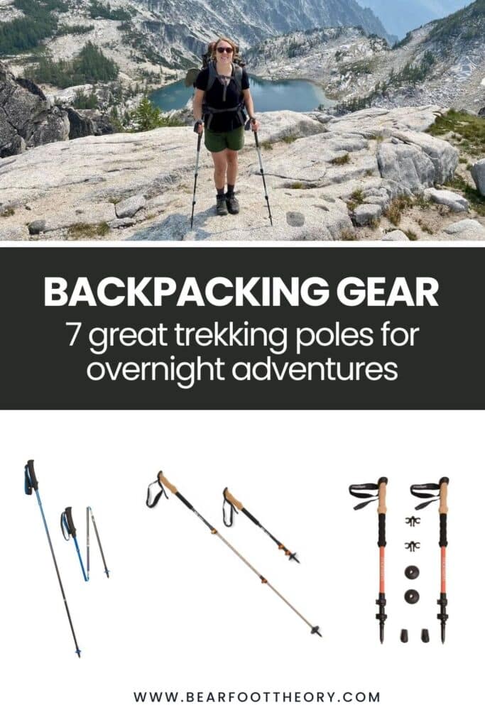 Pinterest image of female backpacker standing for photo at scenic lookout. Text says “backpacking gear: 7 great trekking poles for overnight adventures"