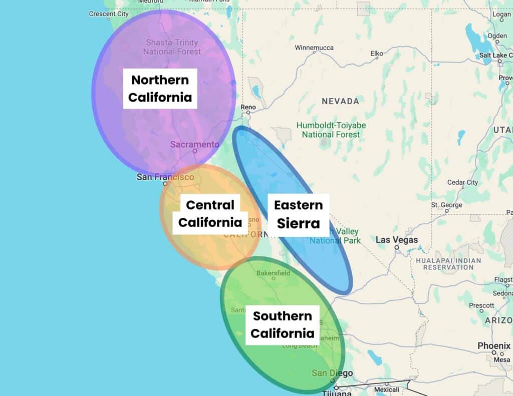 Map showing four regions of California: North, Central, Southern, and Eastern Sierra