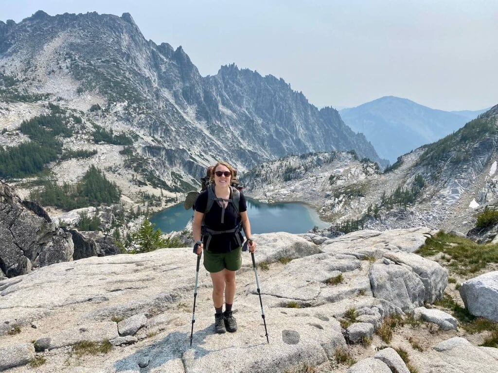 A woman backpacking in the Enchantments in Washington using Black Diamond women's trail trekking poles