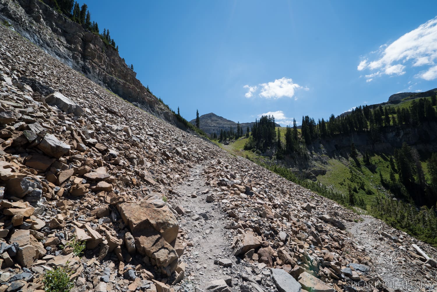 Rocky Timpooneke trail with Mount Timpanogos peak in the distance