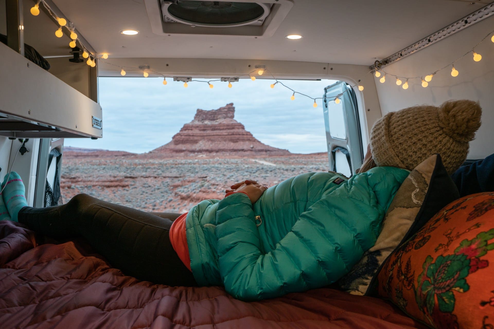 Platform bed in one of Outside Van's Sprinter Van conversions
