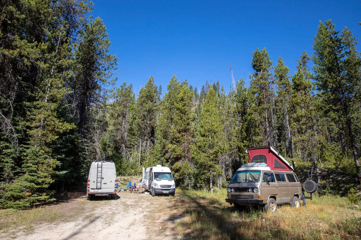 Three vans parked together at a dispersed campsite in the forest