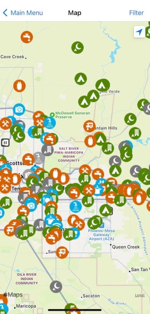 A phone screenshot showing the map view on the iOverlander app