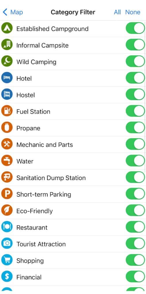 A phone screenshot showing the filter view on the iOverlander app