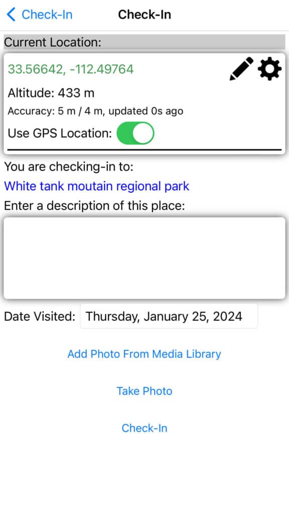 Screenshot of iOverlander check-in screen on app