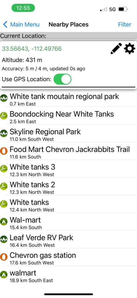 Screenshot of iOverlander app list view of campgrounds and amenities