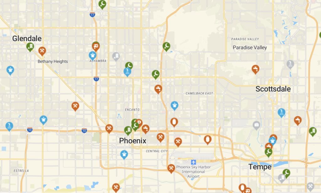iOverlander app map showing camping and amenities around Phoenix, Arizona