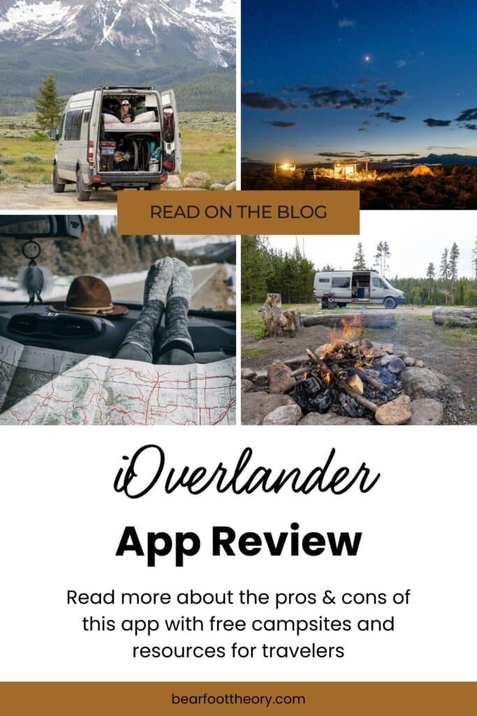 Pinterest image for an iOverlander Review article showing images of a camper van, campground, and map.