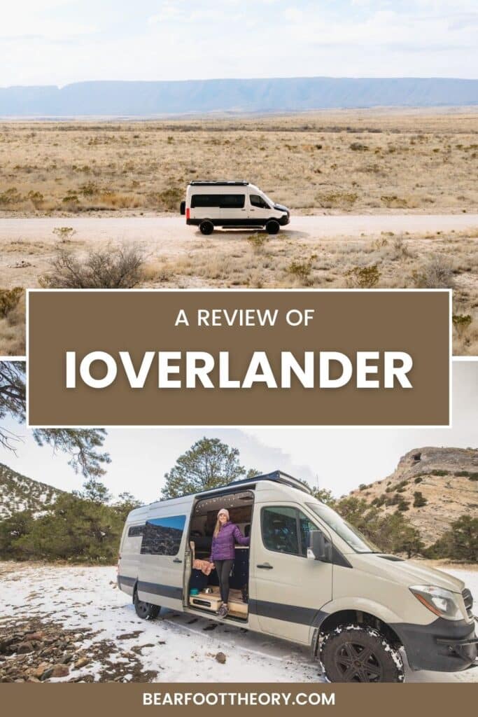 Pinterest image for an iOverlander Review article showing images of a camper van on the road and at a campsite.