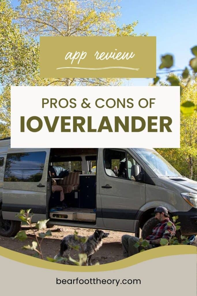 Pinterest image for an iOverlander Review article showing images of a camper van at a campsite.