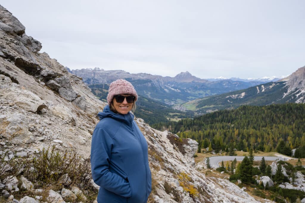 Kristen Bor wearing the Arcteryx Kyanite Jacket near Passo Valparola in Italy