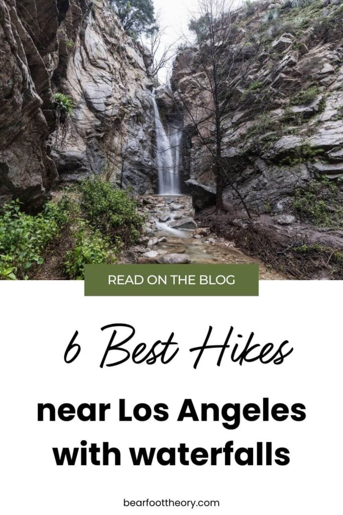 Pinnable image of a waterfall set in a dark canyon. Text reads "6 Best Hikes in Los Angeles with waterfalls"