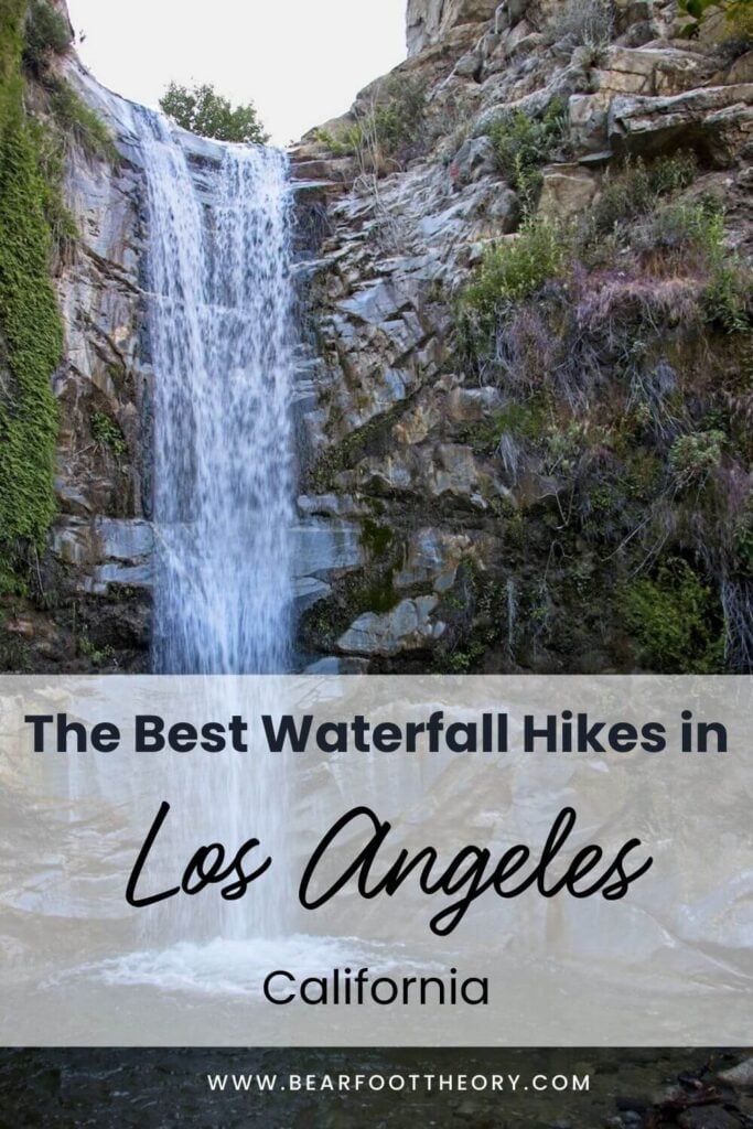 Pinnable image of a tall cascading waterfall. Text reads "the best waterfall hikes in Los Angeles, California"