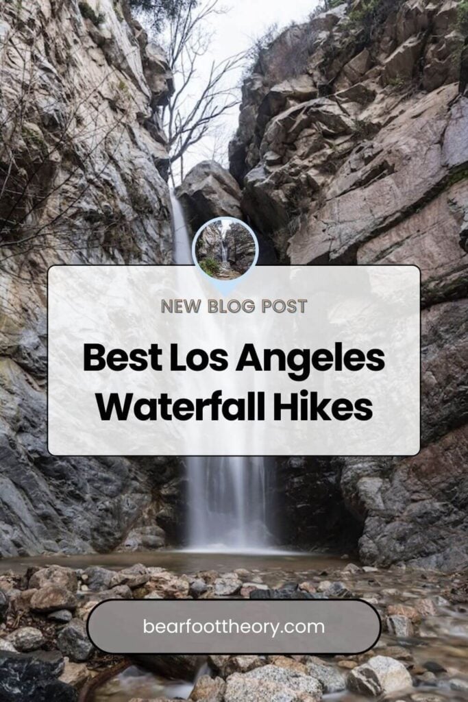 Pinnable image of a cascading waterfall in a canyon. Text reads "Best Los Angeles Waterfall Hikes"