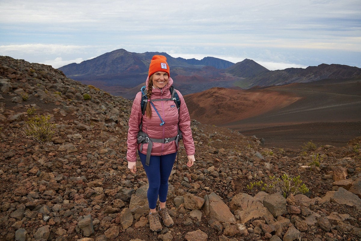 BFT Founder Kristen wearing a pink Patagonia Nano Puff Hoodie in Maui at Haleakala National Park