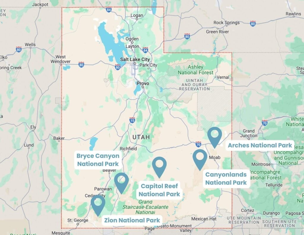 Map of Utah's Mighty 5 National Parks