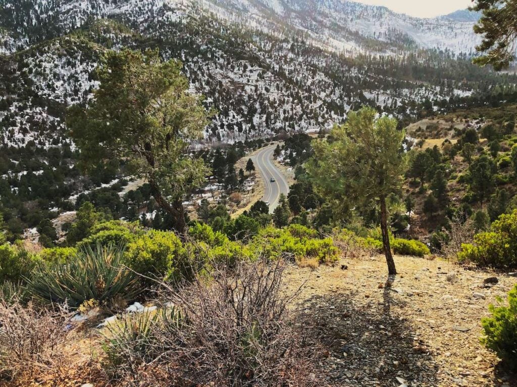 View into valley over highway at Mount Charleston, Nevada outside of Las Vegas