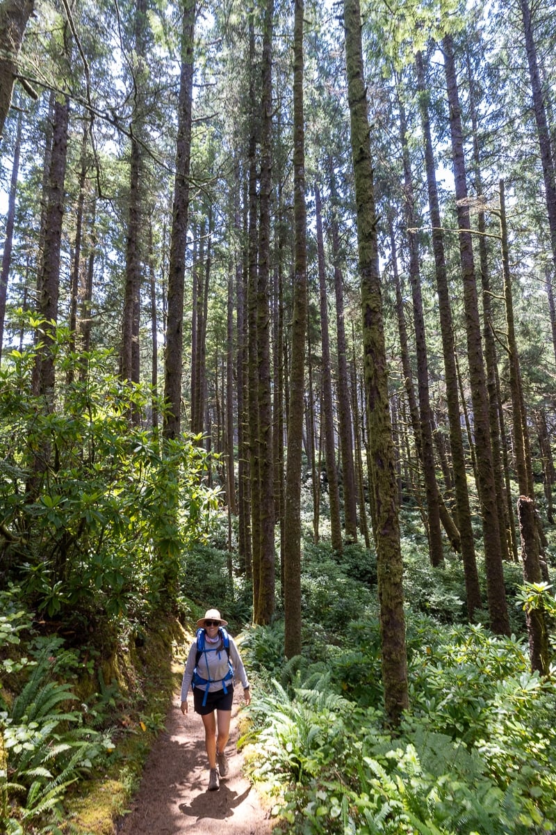 Woman hiking through lush green forest from Heceta Head Lighthouse to hobbit beach on the oregon coast