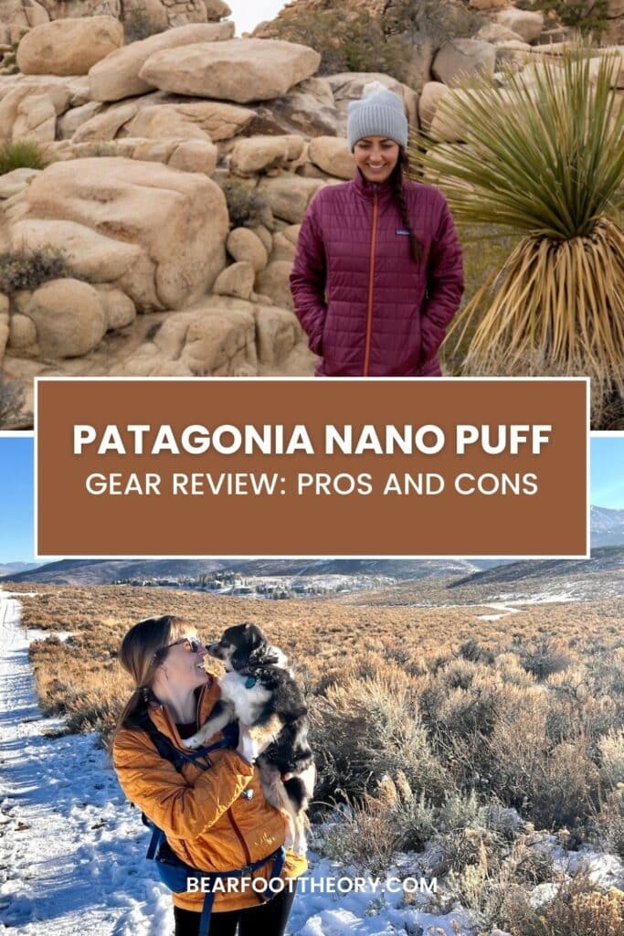 Pinnable image of two photos of women wearing Patagonia Nano Puff Jacket outdoors. Text reads "Patagonia Nano Puff Gear Review: Pros and Cons"