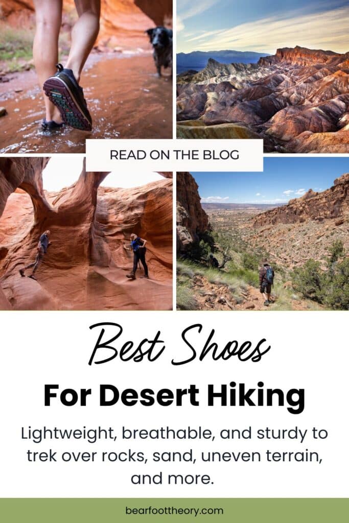 Pinterest image of collage of photos of desert hiking. Text says "Best shoes for desert hiking"
