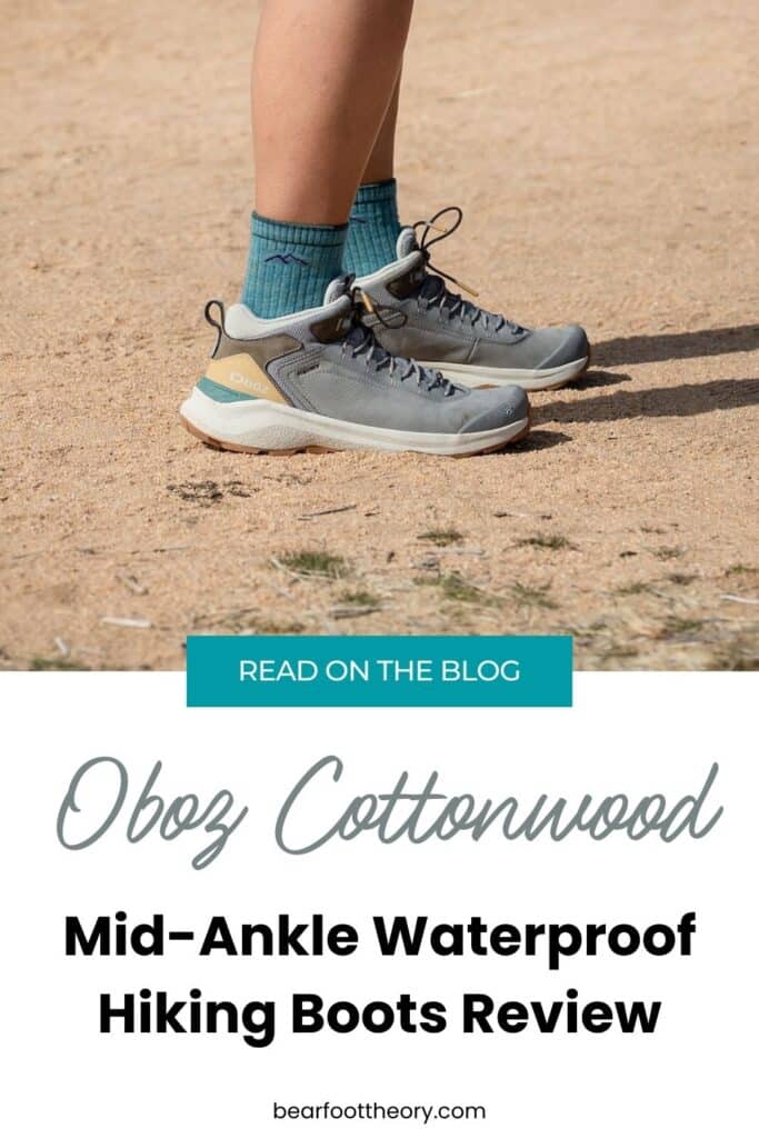 Pinterest image of close up of Oboz Cottonwood shoes. Text says "Oboz Cottonwood: Mid-Ankle Waterproof Hiking Boots Review"