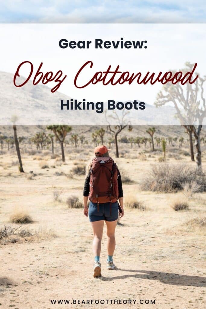 Pinterest image of woman hiking down desert trail. Text says "Gear Review: Oboz Cottonwood Hiking Boots"