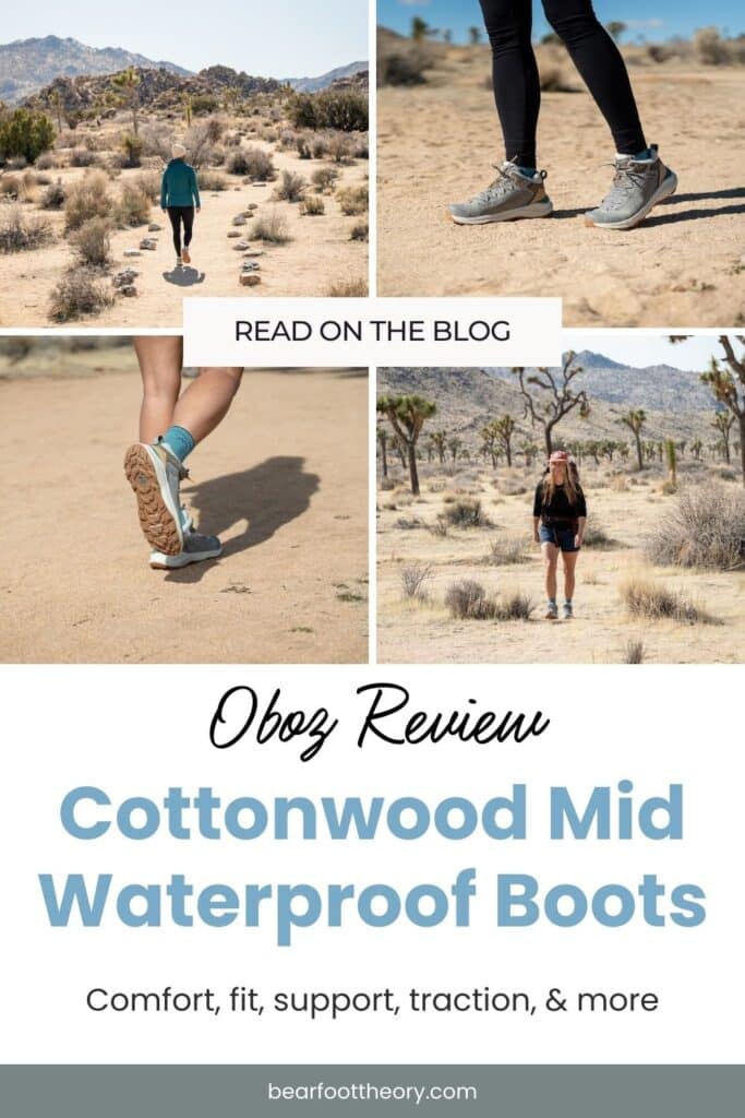 Pinterest image of collage of photos of hiker wearing Oboz Cottonwood Hiking Boots. Text says "Oboz Review: Cottonwood Mid Waterproof Boots"