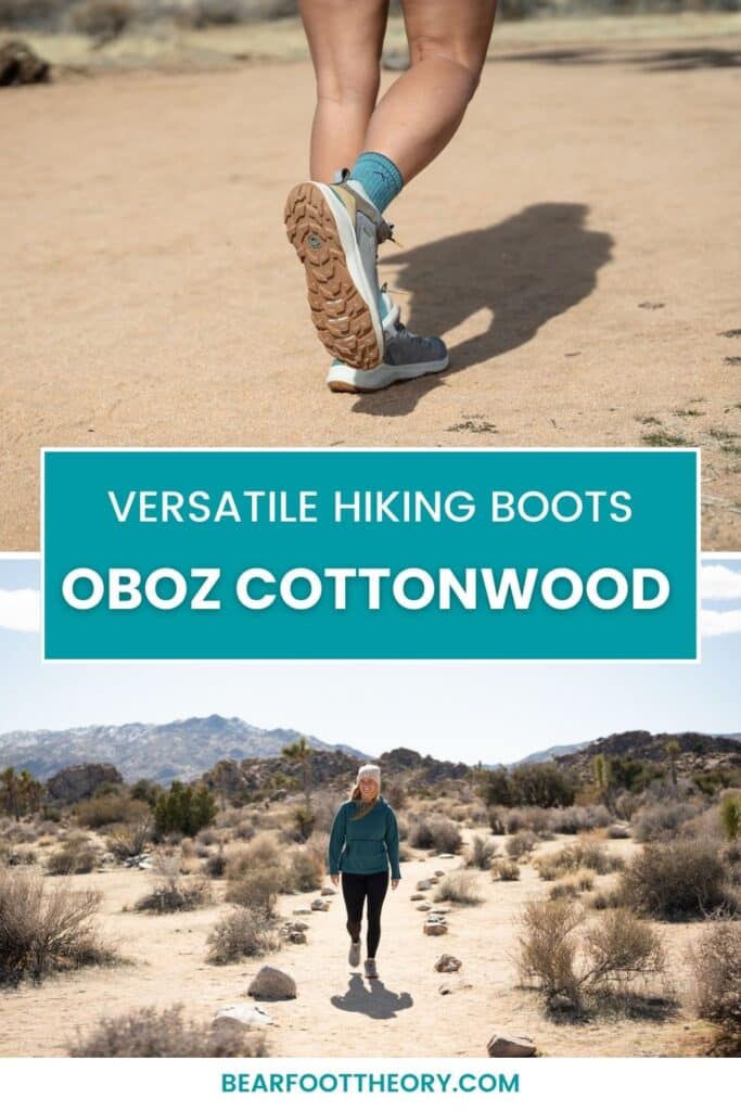 Pinterest image of woman wearing Oboz Cottonwood hiking shoes. Text says "Versatile Hiking Boots: Oboz Cottonwood"
