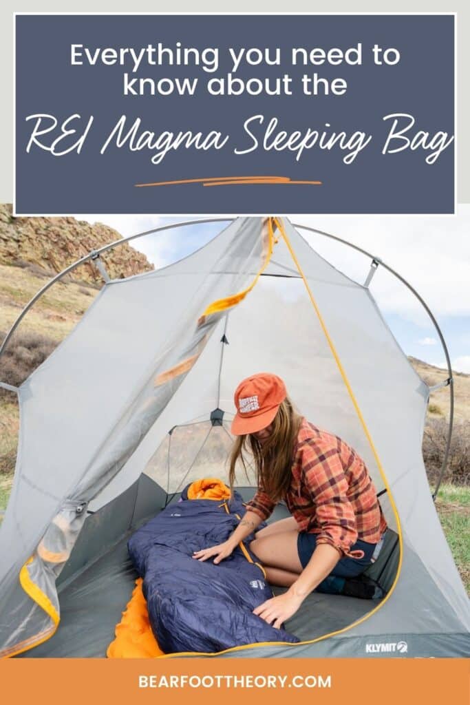 Pinterest Pin with woman setting up sleeping bag in a tent with the text "Everything you need to know about the REI Magma Sleeping Bag"