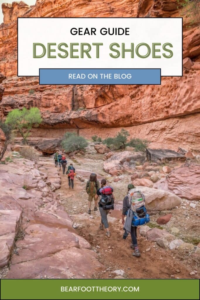 Pinterest image of hikers walking through red rock canyon. Text says "Gear guide: desert shoes"