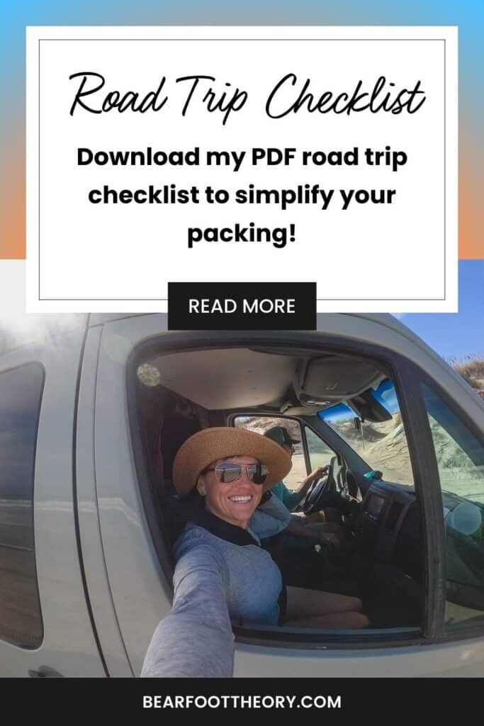 Pinterest pin of woman sitting in the passenger seat of a sprinter van while driving with the text "road trip checklist - download my PDF road trip checklist to simplify your planning"
