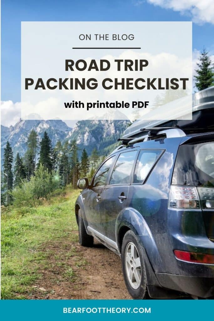 Pinterest pin of a subaru on a dirt mountain road witih the text "Road Trip packing checklist with printable PDF"