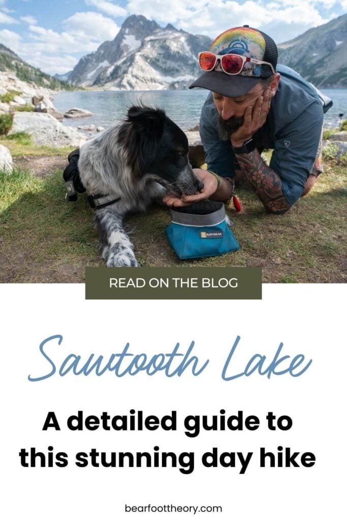 Pinterest image of man laying on ground next to dog in front of lake. Text says "Sawtooth Lake: A detailed guide to this stunning day hike"