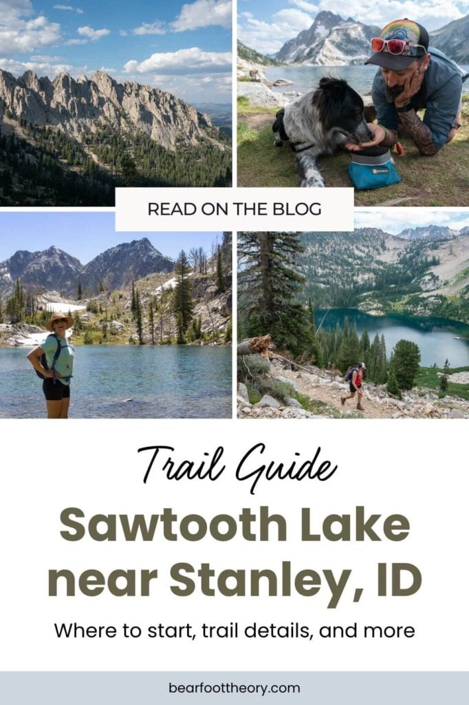 Pinterest image of grid of photos from Sawtooth Lake. Text says "Trail guide: Sawtooth Lake near Stanley, ID"