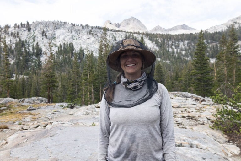 Kristen Bor wearing a mosquito net while hiking in Sequoia National Park
