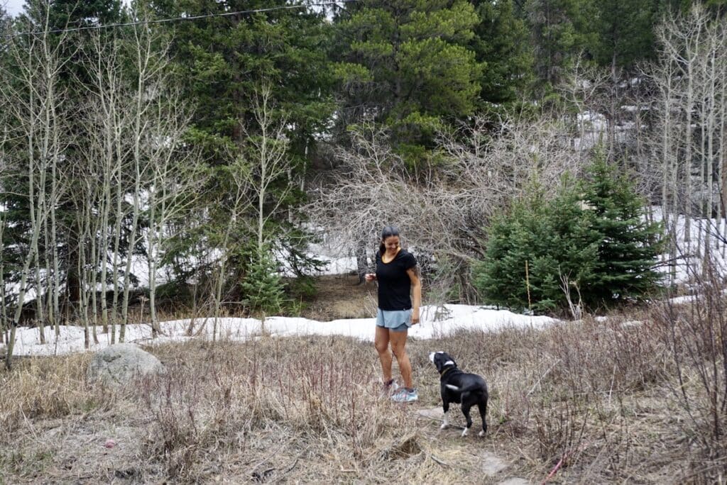 A woman looks at her dog on a trail partially covered in snow. She's wearing the Smartwool Intraknit Shorts