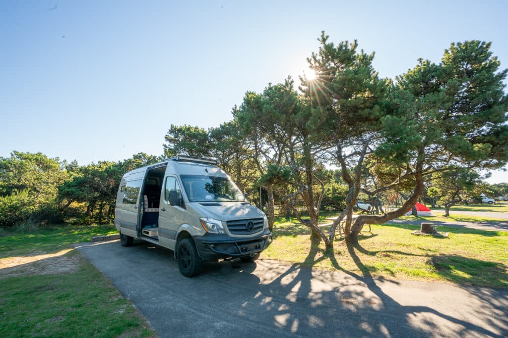 Sprinter Van parked at a campsite at South Beach State Campground in Oregon