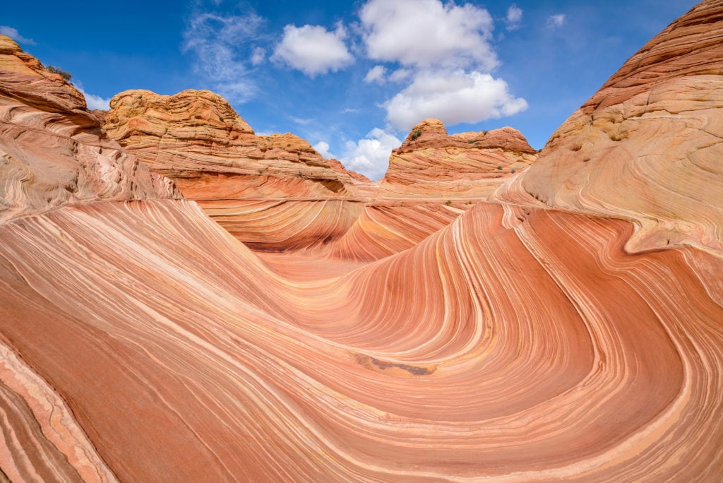 The Wave in Arizona, a unique bright orange rock formation in Vermilion Cliffs National Monument