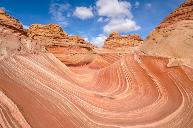 The Wave in Arizona, a unique bright orange rock formation in Vermilion Cliffs National Monument