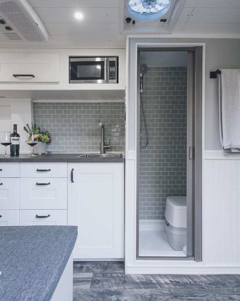 Camper van bathroom setup with indoor shower by @the_activ